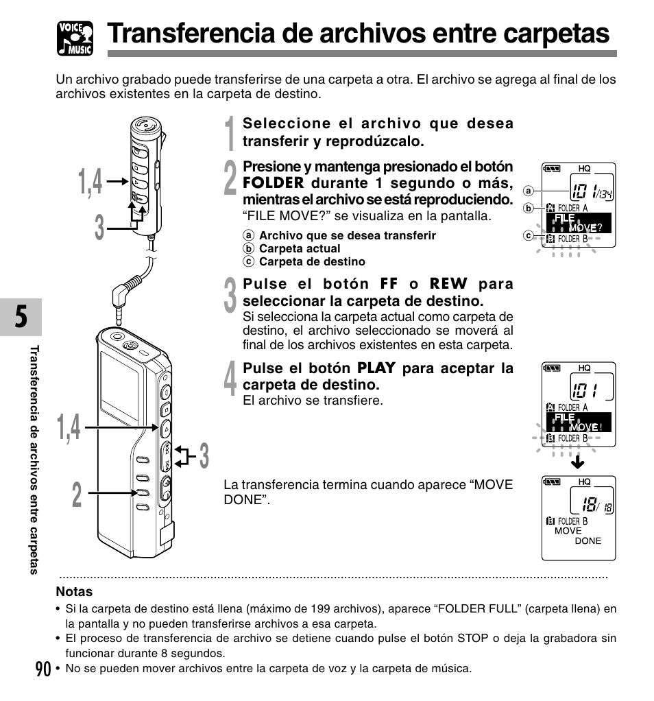 Transferencia de archivos entre carpetas | Olympus DM-10 User Manual | Page 90 / 101