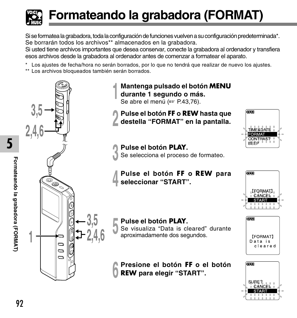 Formateando la grabadora (format) | Olympus DM-10 User Manual | Page 92 / 101