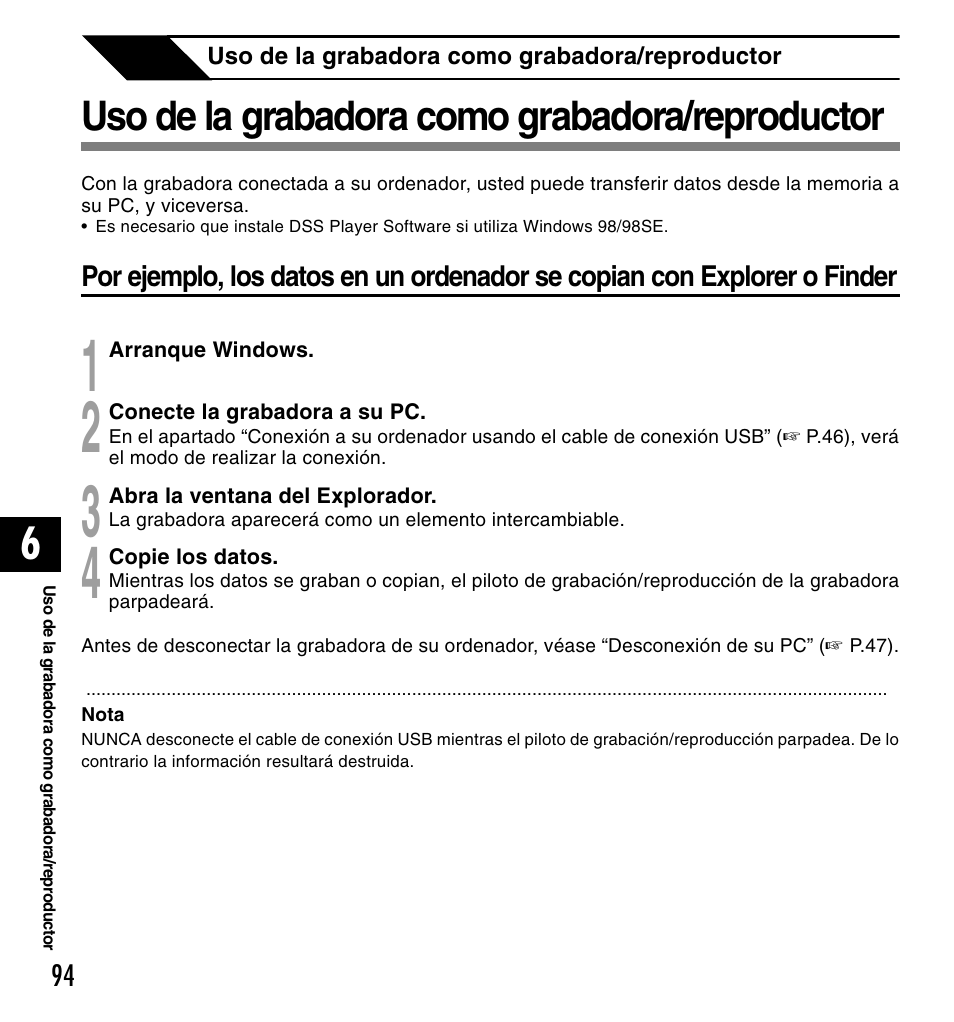 Uso de la grabadora como grabadora/reproductor | Olympus DM-10 User Manual | Page 94 / 101