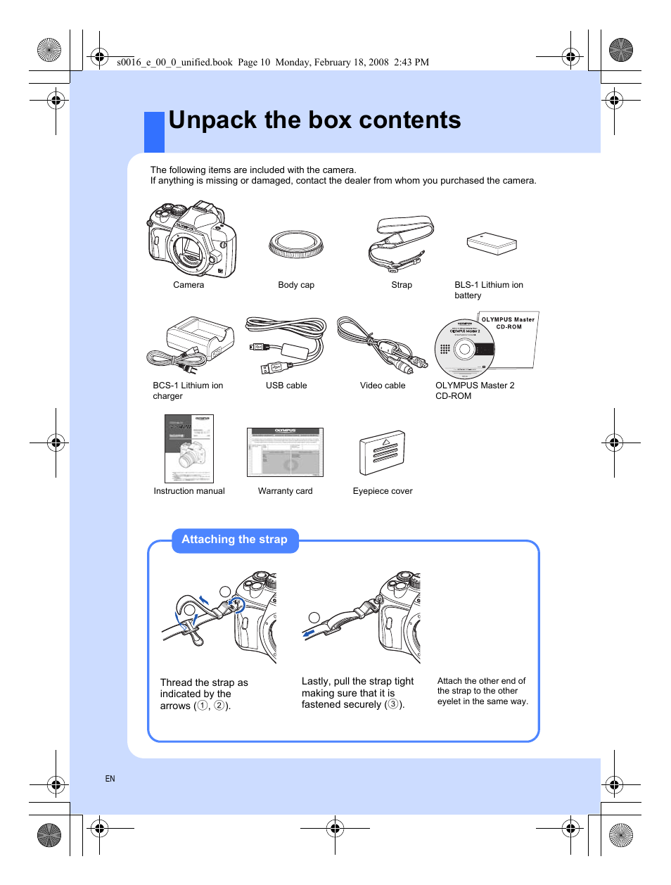 Unpack the box contents | Olympus E-420 User Manual | Page 10 / 140