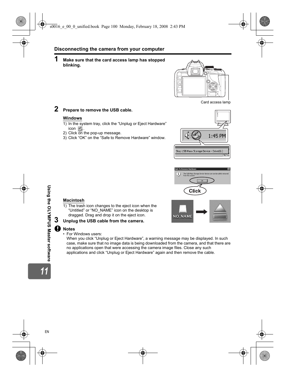 Disconnecting the camera from your computer | Olympus E-420 User Manual | Page 100 / 140