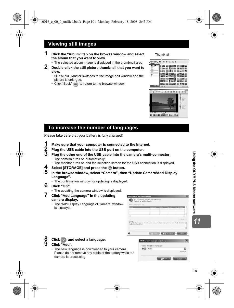 Viewing still images, To increase the number of languages | Olympus E-420 User Manual | Page 101 / 140