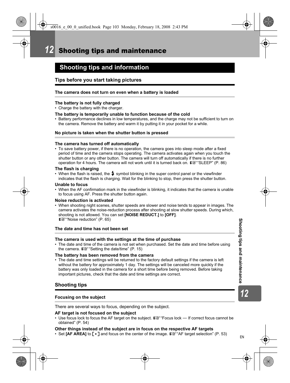 12 shooting tips and maintenance, Shooting tips and information, Tips before you start taking pictures | Shooting tips, Shooting tips and maintenance | Olympus E-420 User Manual | Page 103 / 140