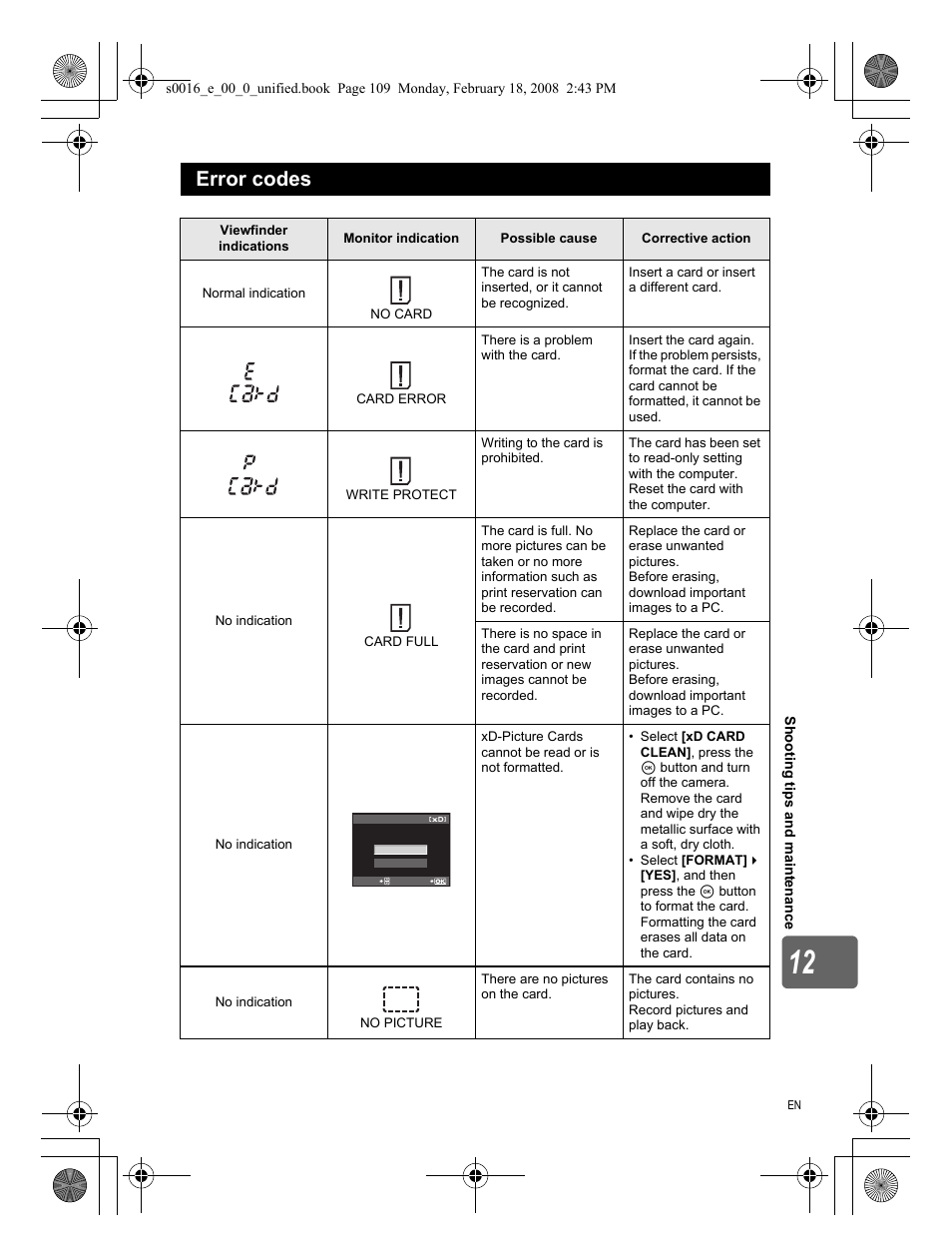 Error codes | Olympus E-420 User Manual | Page 109 / 140