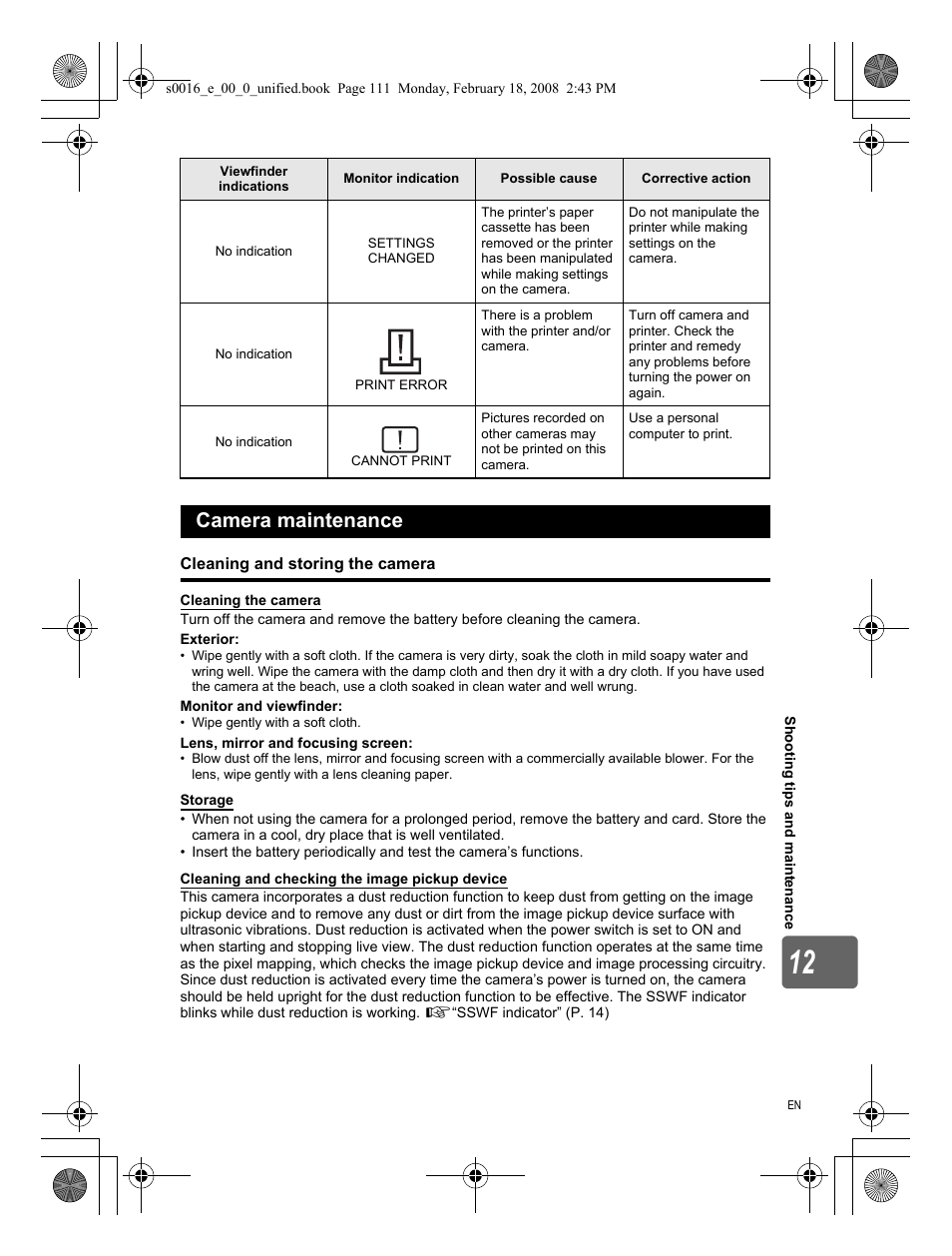 Camera maintenance, Cleaning and storing the camera | Olympus E-420 User Manual | Page 111 / 140