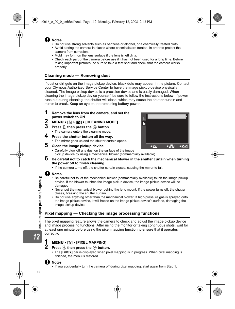 Cleaning mode－removing dust | Olympus E-420 User Manual | Page 112 / 140