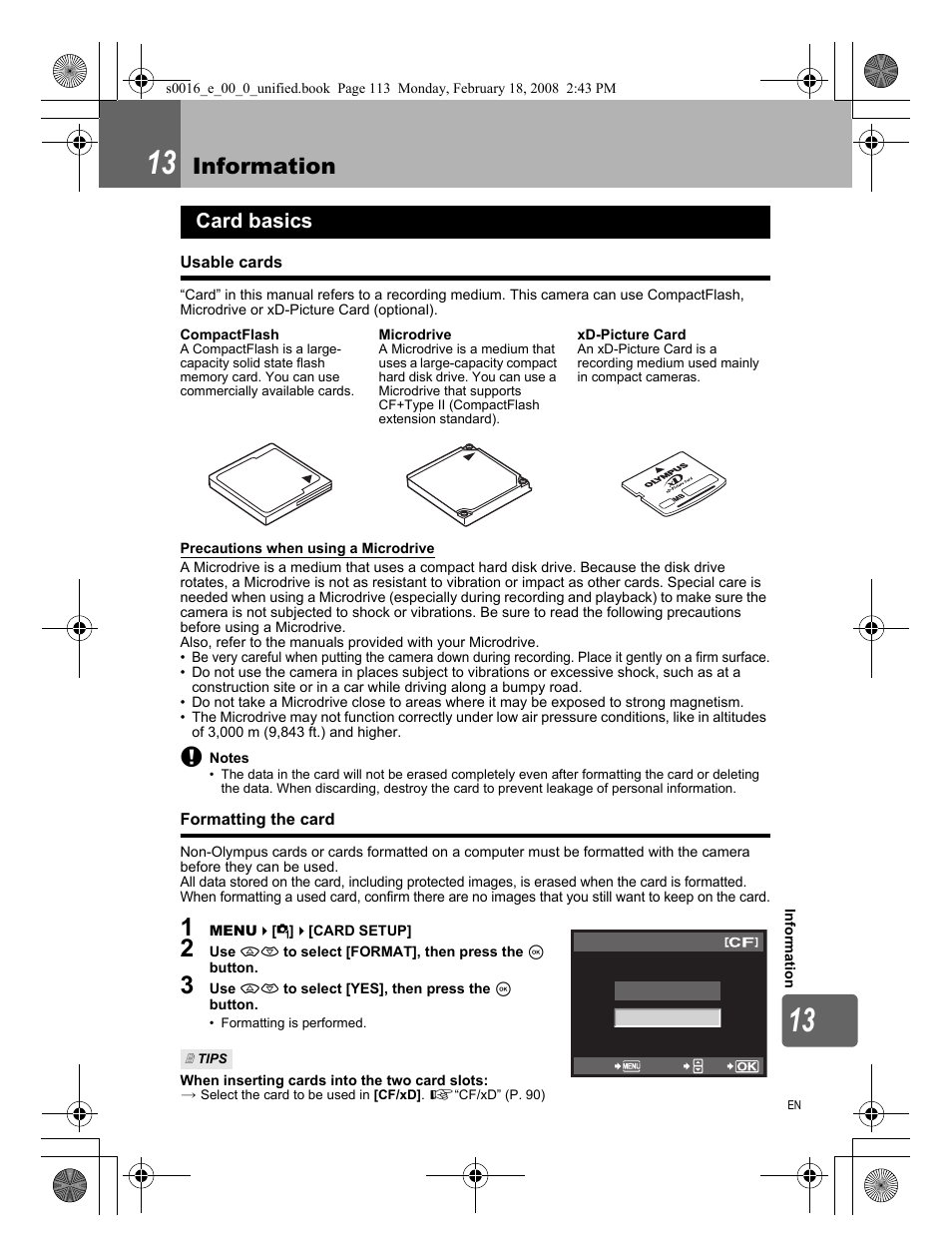 13 information, Card basics, Usable cards | Formatting the card, Information | Olympus E-420 User Manual | Page 113 / 140