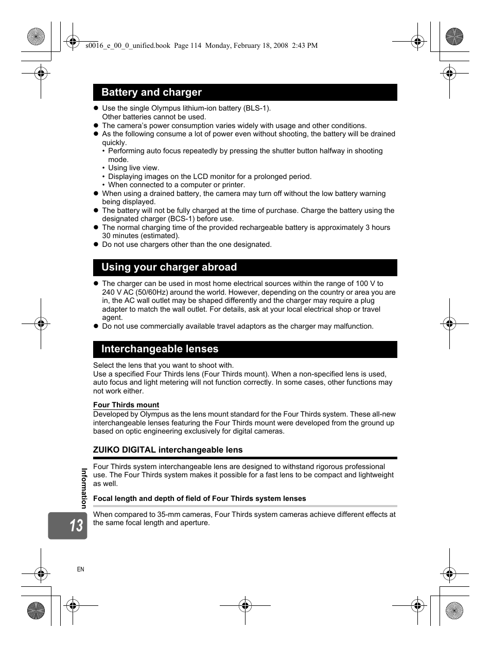 Battery and charger, Using your charger abroad, Interchangeable lenses | Zuiko digital interchangeable lens | Olympus E-420 User Manual | Page 114 / 140