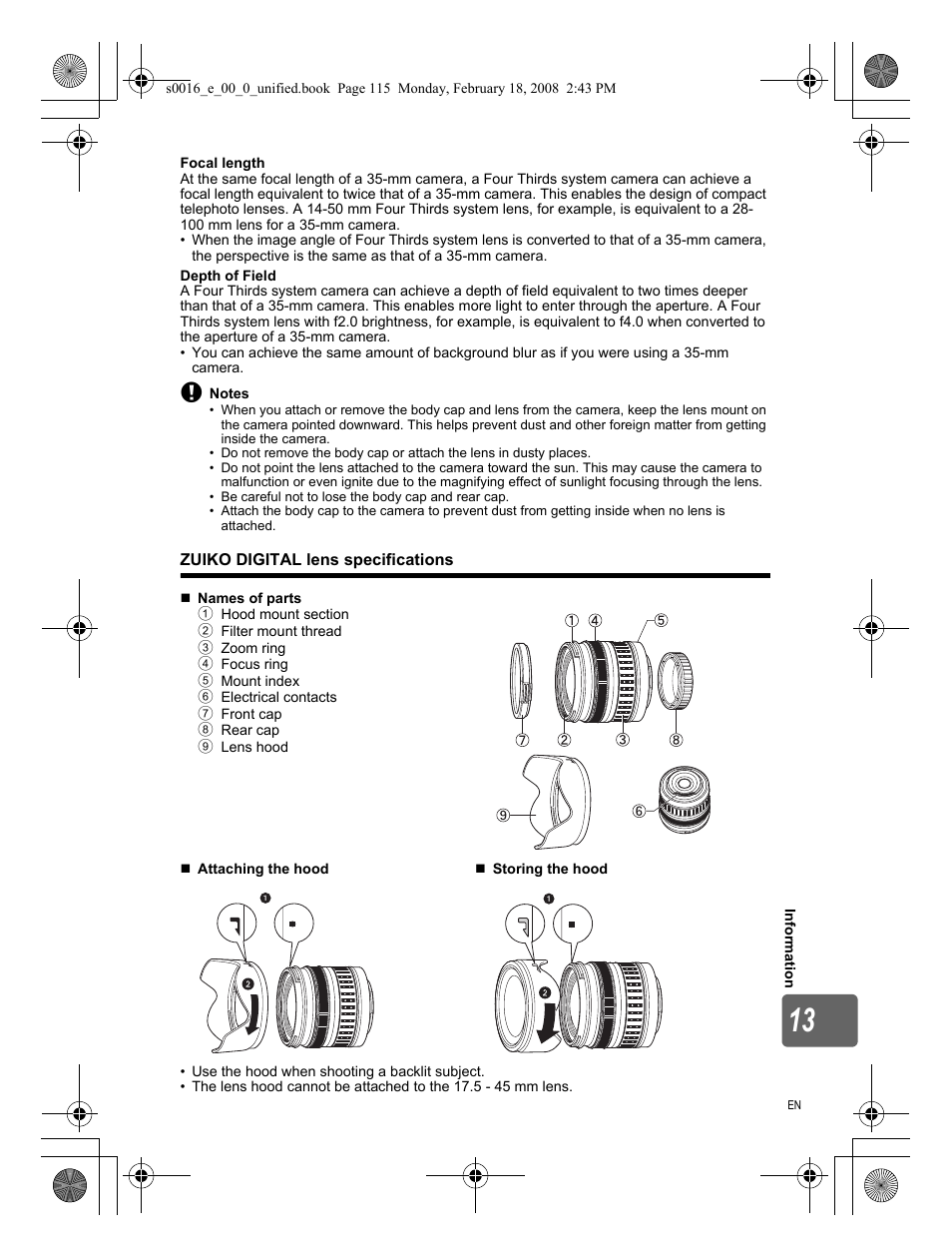 Zuiko digital lens specifications | Olympus E-420 User Manual | Page 115 / 140