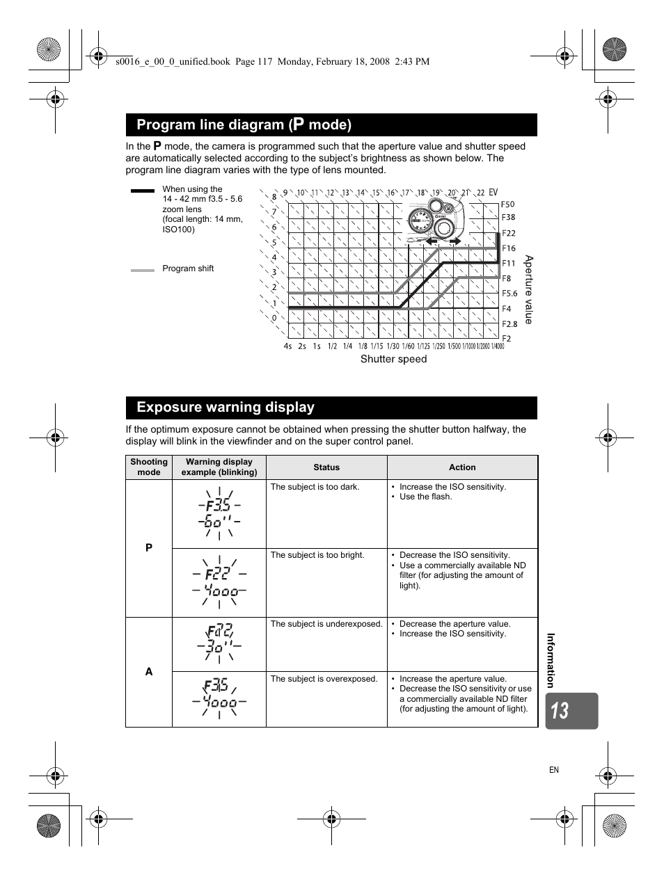 Program line diagram (p mode), Exposure warning display, Program line diagram ( p mode) | Olympus E-420 User Manual | Page 117 / 140