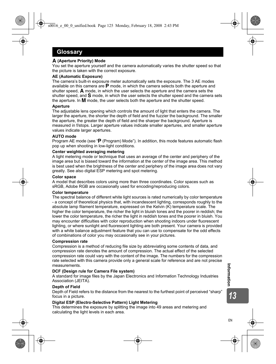 Glossary | Olympus E-420 User Manual | Page 125 / 140
