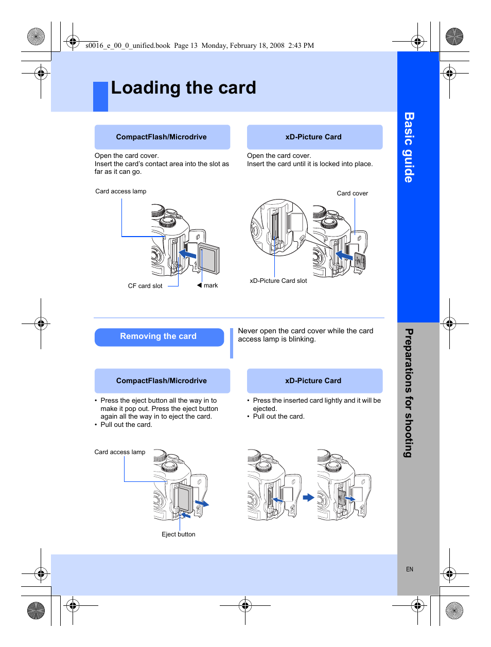 Loading the card, Basic guide, Preparat ions for shooting | Olympus E-420 User Manual | Page 13 / 140