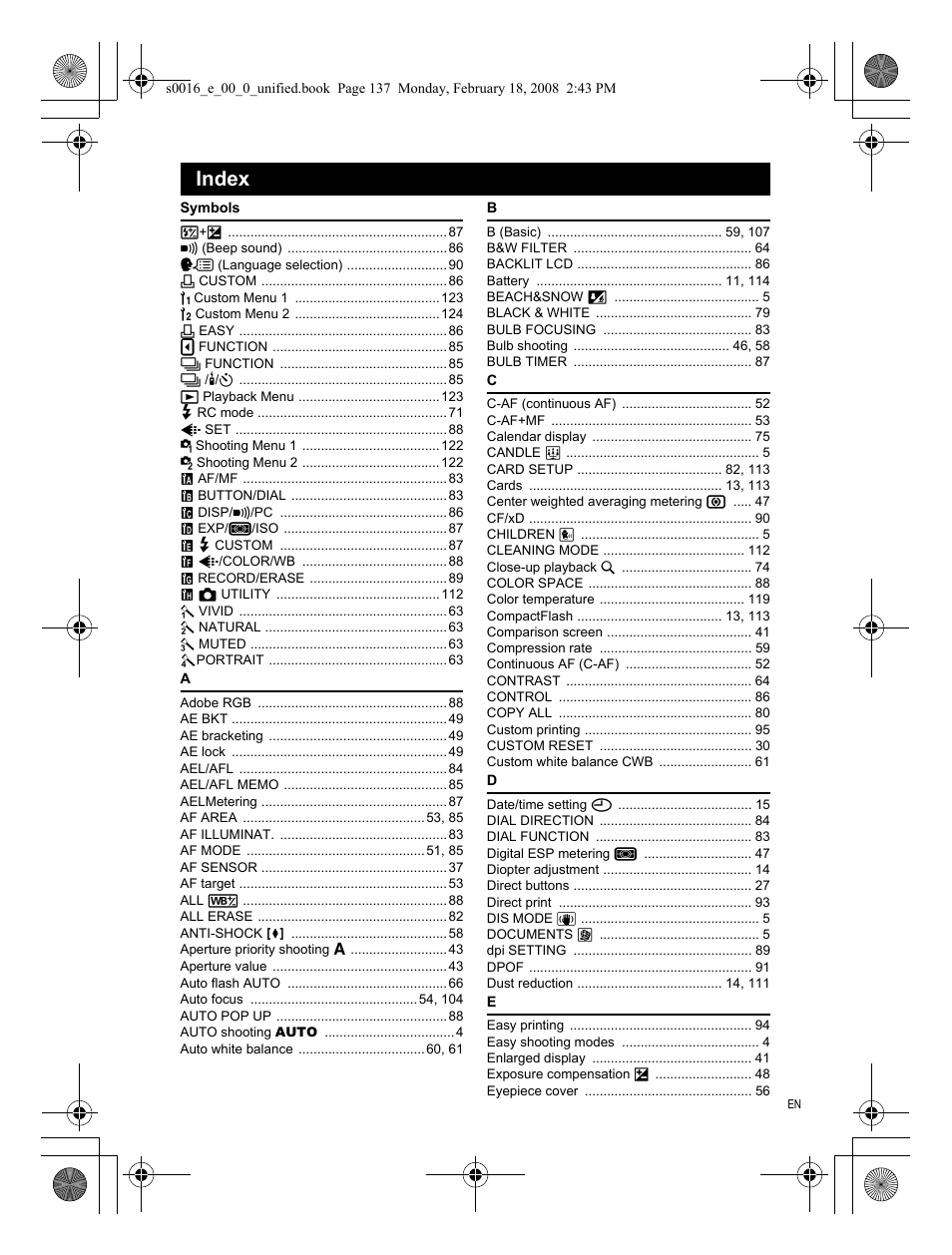 Index | Olympus E-420 User Manual | Page 137 / 140