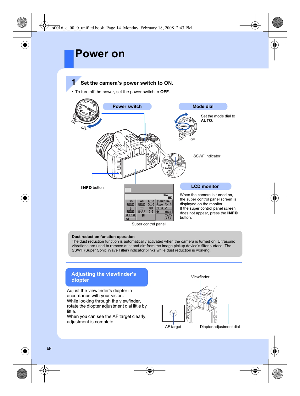Power on | Olympus E-420 User Manual | Page 14 / 140
