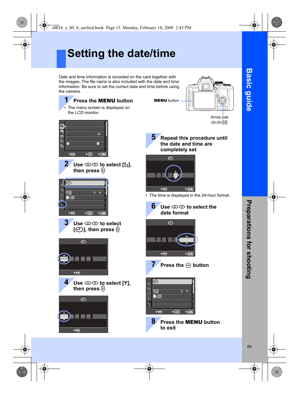Setting the date/time, Basic guide, Preparat ions for shooting | Olympus E-420 User Manual | Page 15 / 140
