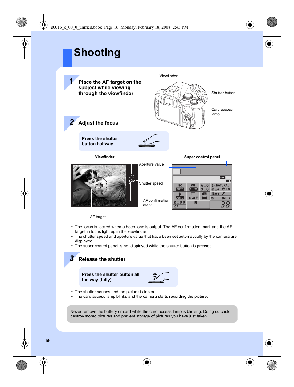 Shooting | Olympus E-420 User Manual | Page 16 / 140