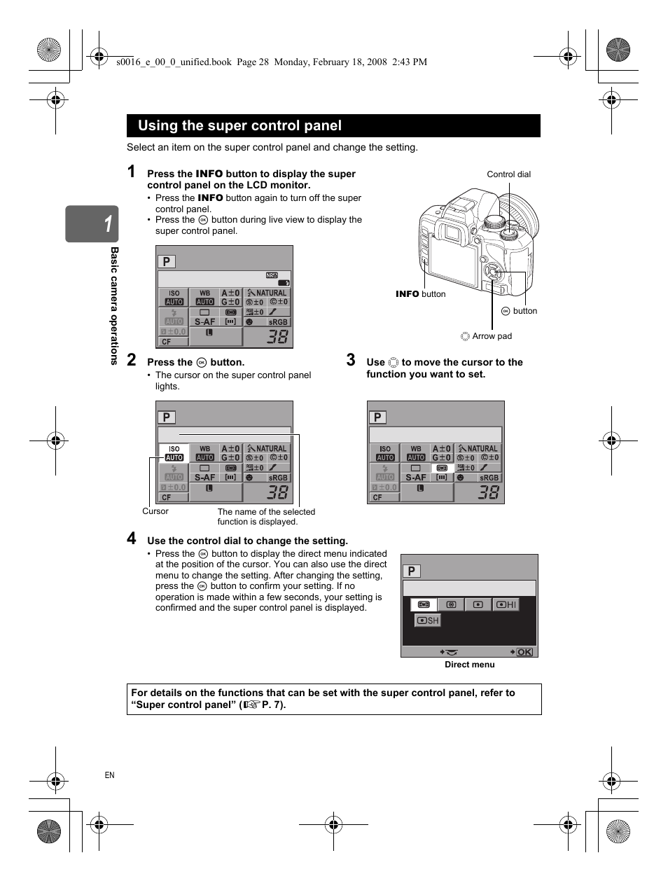 Using the super control panel | Olympus E-420 User Manual | Page 28 / 140