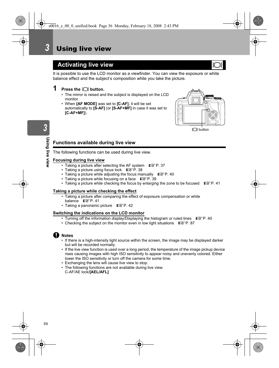 3 using live view, Activating live view, Functions available during live view | Using live view | Olympus E-420 User Manual | Page 36 / 140