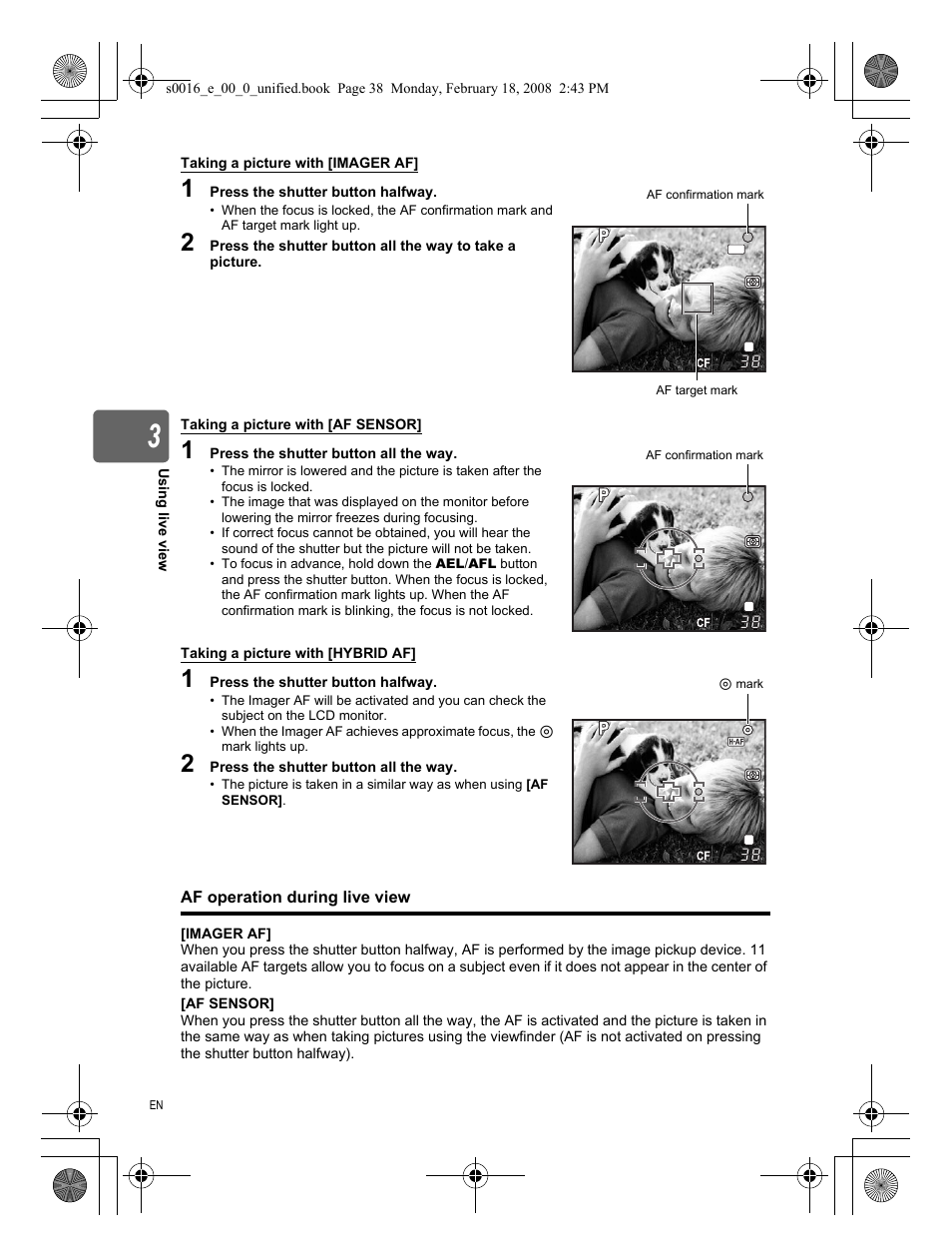 Af operation during live view | Olympus E-420 User Manual | Page 38 / 140