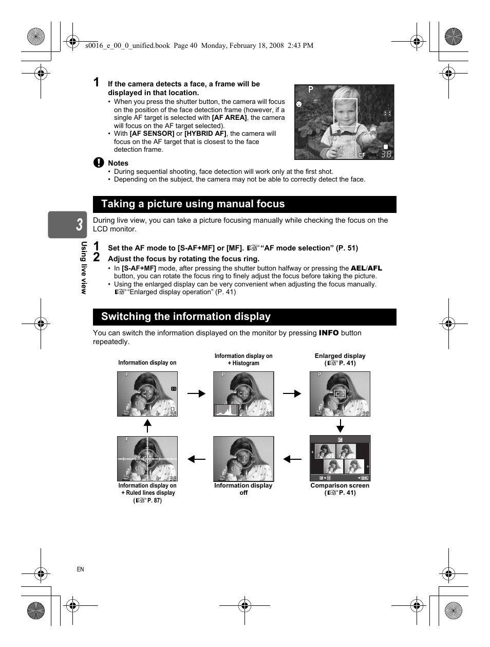 Taking a picture using manual focus, Switching the information display | Olympus E-420 User Manual | Page 40 / 140