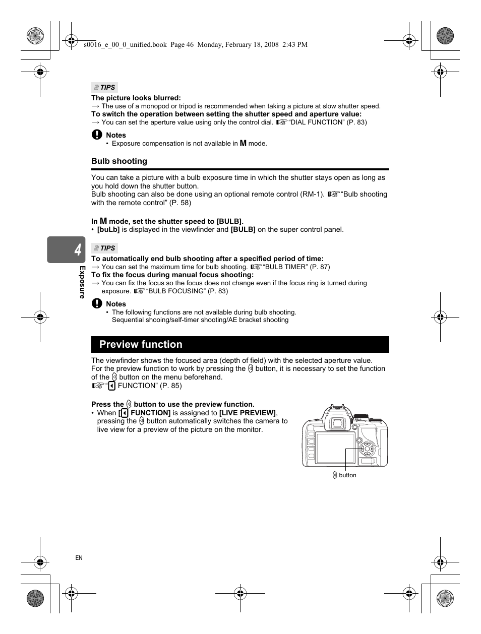Bulb shooting, Preview function | Olympus E-420 User Manual | Page 46 / 140
