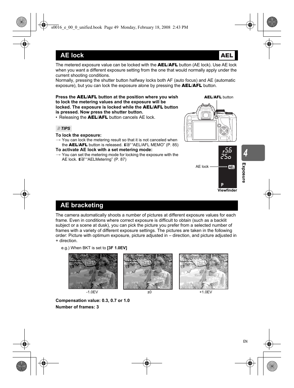 Ae lock, Ae bracketing | Olympus E-420 User Manual | Page 49 / 140