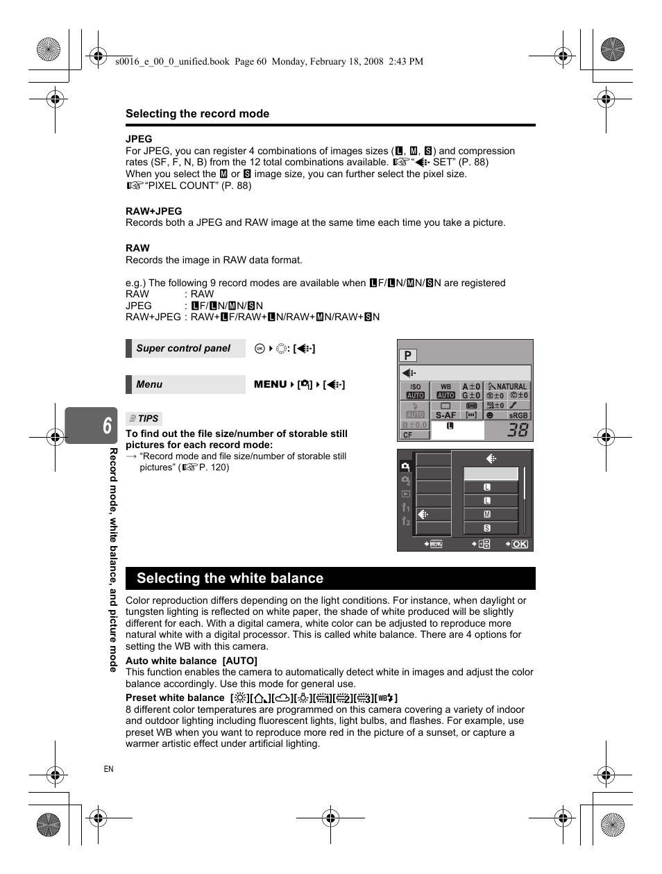 Selecting the record mode, Selecting the white balance | Olympus E-420 User Manual | Page 60 / 140