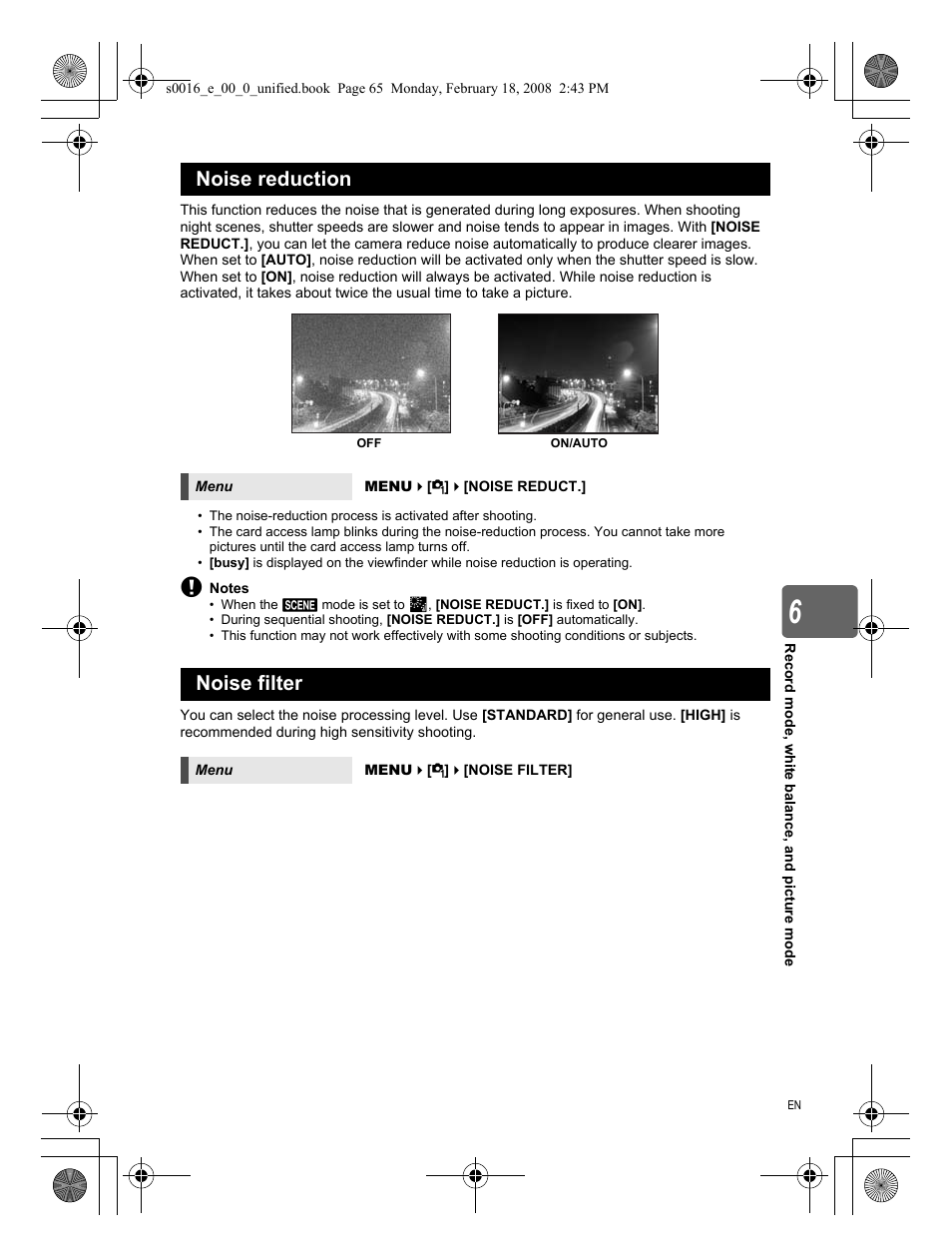 Noise reduction, Noise filter | Olympus E-420 User Manual | Page 65 / 140