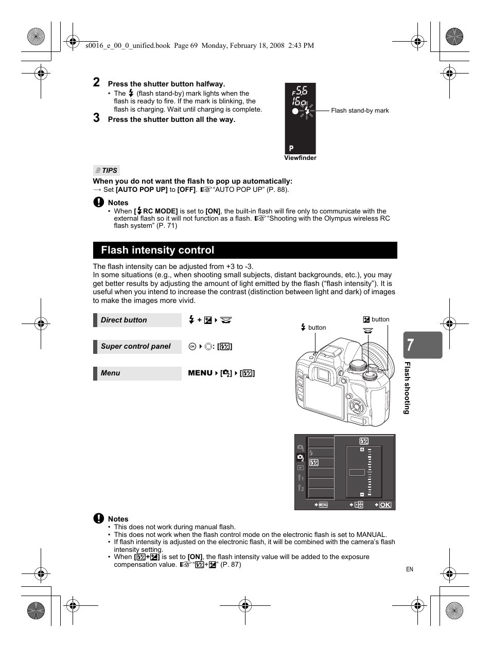 Flash intensity control | Olympus E-420 User Manual | Page 69 / 140