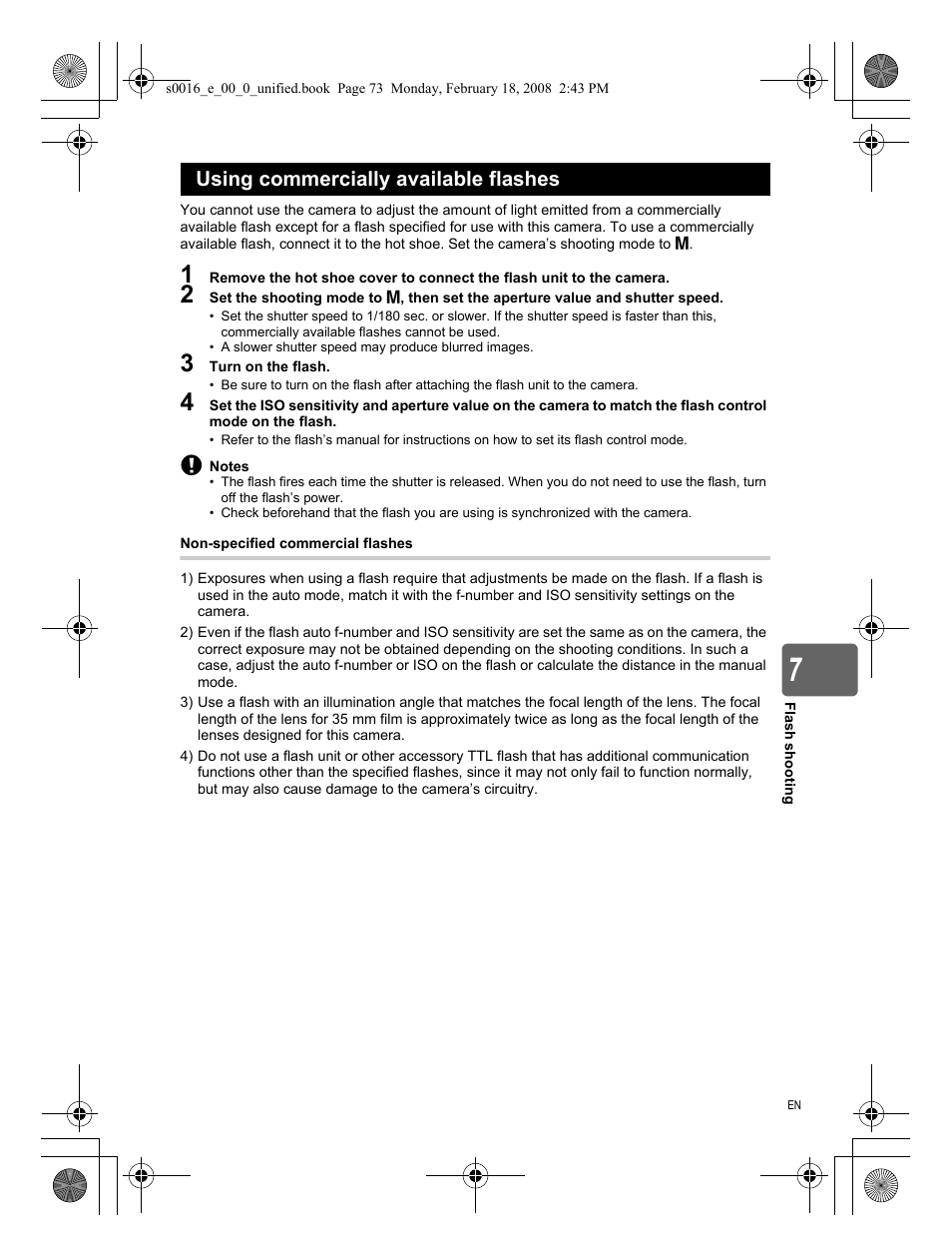 Using commercially available flashes | Olympus E-420 User Manual | Page 73 / 140