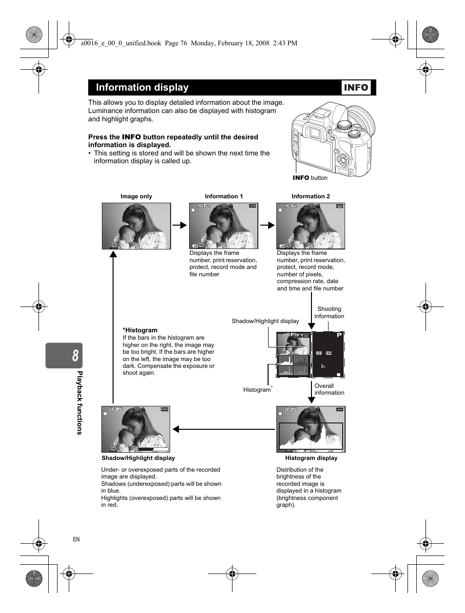 Information display, Playback functions | Olympus E-420 User Manual | Page 76 / 140
