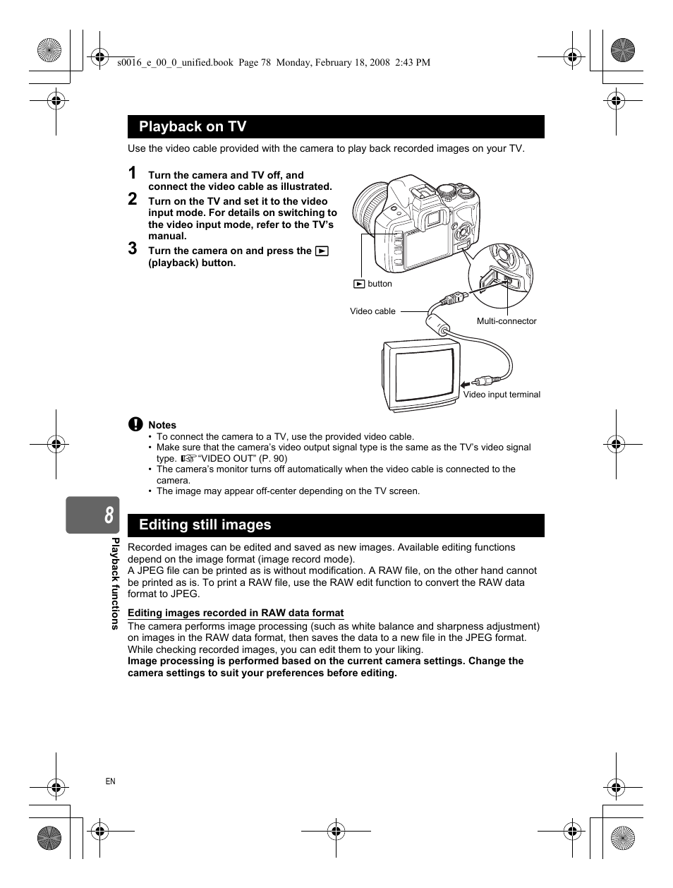 Playback on tv, Editing still images, Playback on tv editing still images | Olympus E-420 User Manual | Page 78 / 140
