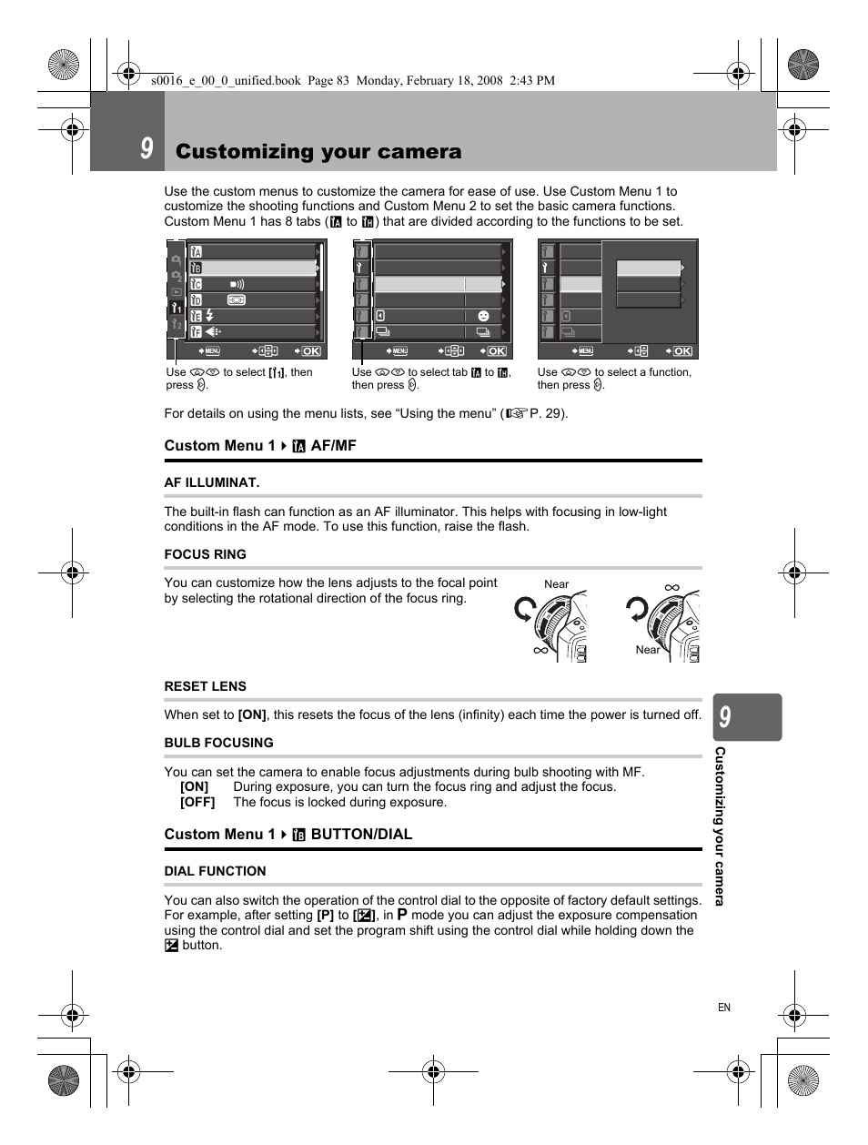 9 customizing your camera, Custom menu1, Af/mf | Af illuminat, Focus ring, Reset lens, Bulb focusing, Button/dial, Dial function, Customizing your camera | Olympus E-420 User Manual | Page 83 / 140