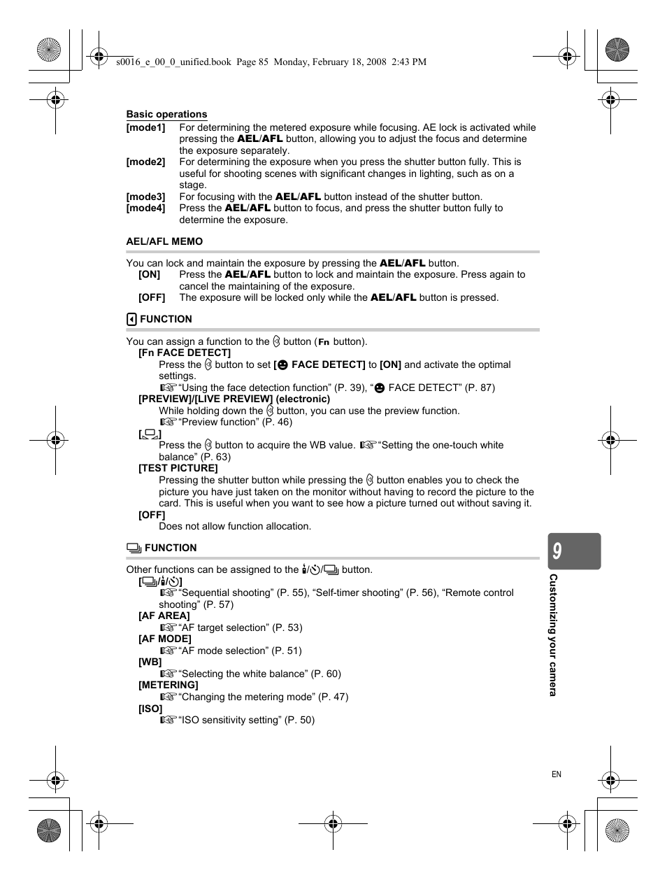 Ael/afl memo, Fn〕function, Function | Olympus E-420 User Manual | Page 85 / 140