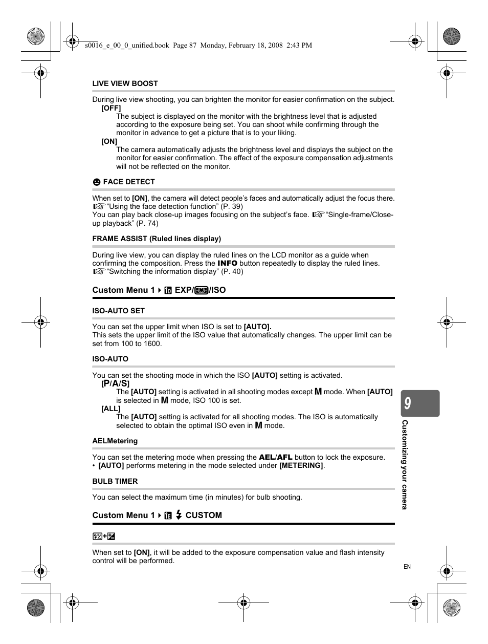 Live view boost, Face detect, Frame assist (ruled lines display) | Exp/metering/iso, Iso-auto set, Iso-auto, Aelmetering, Bulb timer, Custom | Olympus E-420 User Manual | Page 87 / 140