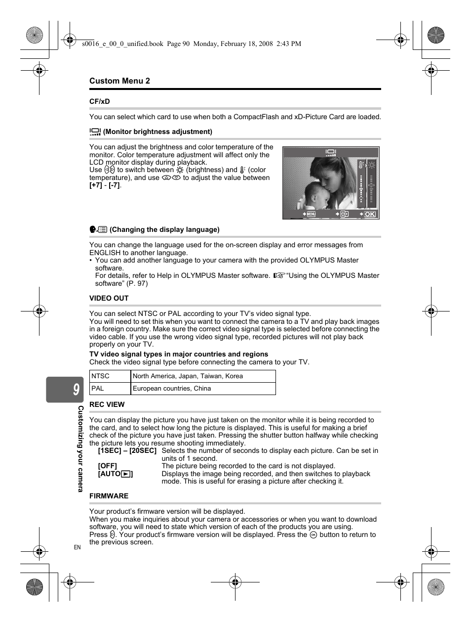 Custom menu 2, Cf/xd, Monitor brightness adjustment) | Changing the display language), Video out, Rec view, Firmware | Olympus E-420 User Manual | Page 90 / 140
