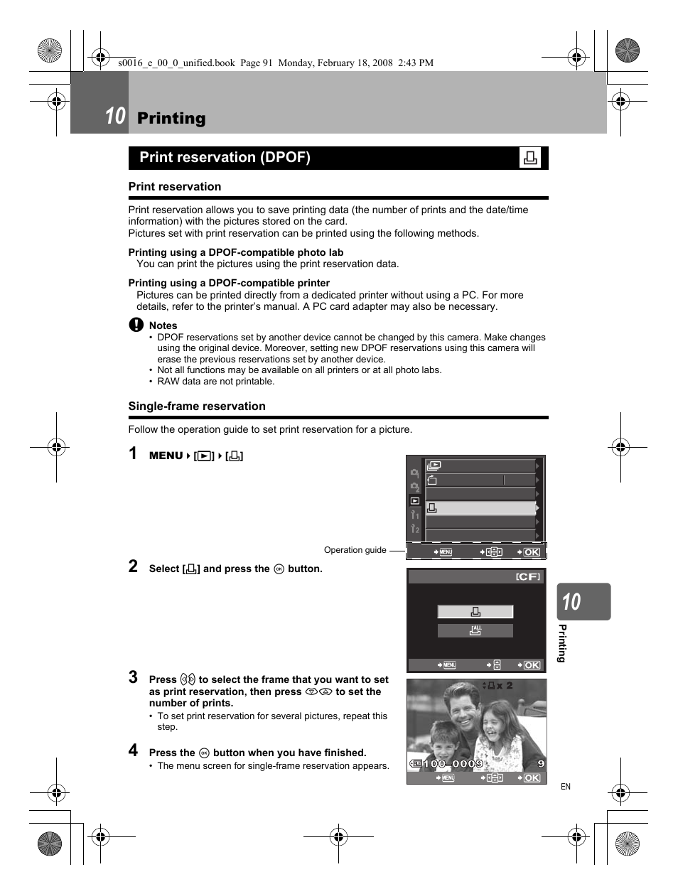 10 printing, Print reservation (dpof), Print reservation | Single-frame reservation, Printing | Olympus E-420 User Manual | Page 91 / 140