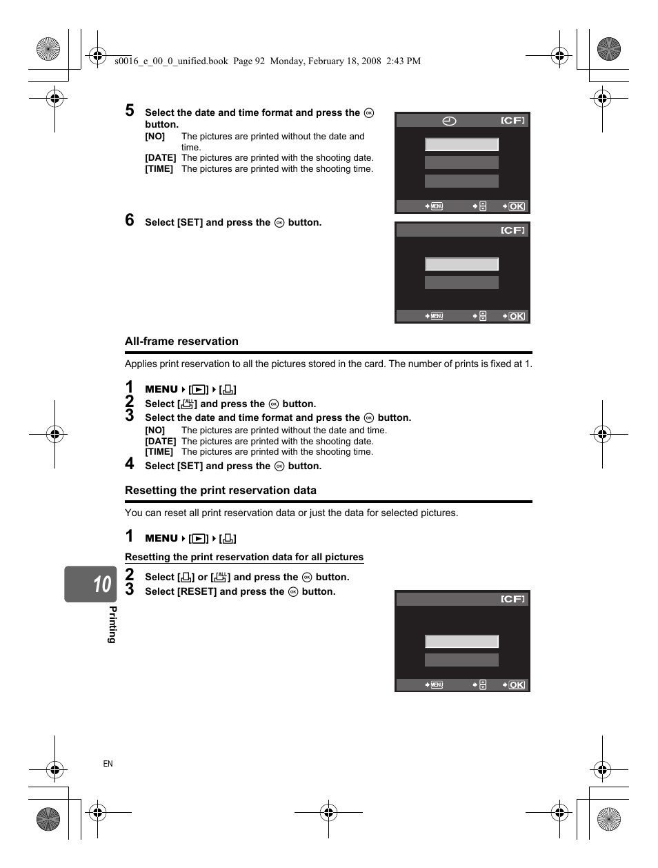 All-frame reservation, Resetting the print reservation data | Olympus E-420 User Manual | Page 92 / 140