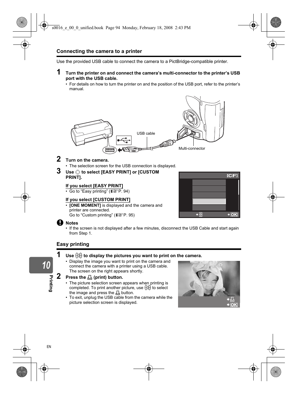 Connecting the camera to a printer, Easy printing | Olympus E-420 User Manual | Page 94 / 140