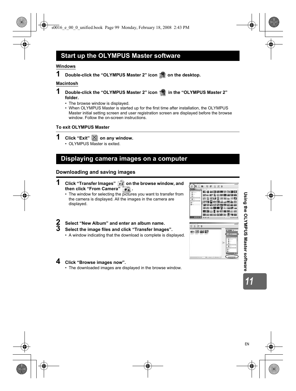 Start up the olympus master software, Displaying camera images on a computer, Downloading and saving images | Olympus E-420 User Manual | Page 99 / 140