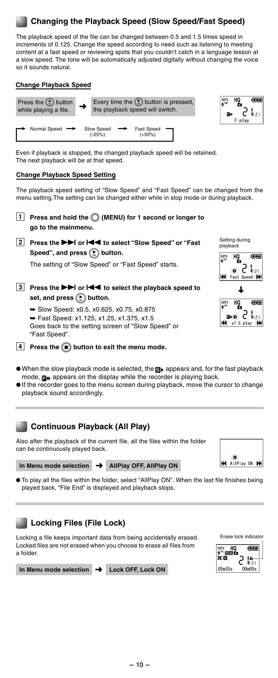 Continuous playback (all play), Locking files (file lock) | Olympus WS-210S User Manual | Page 10 / 14
