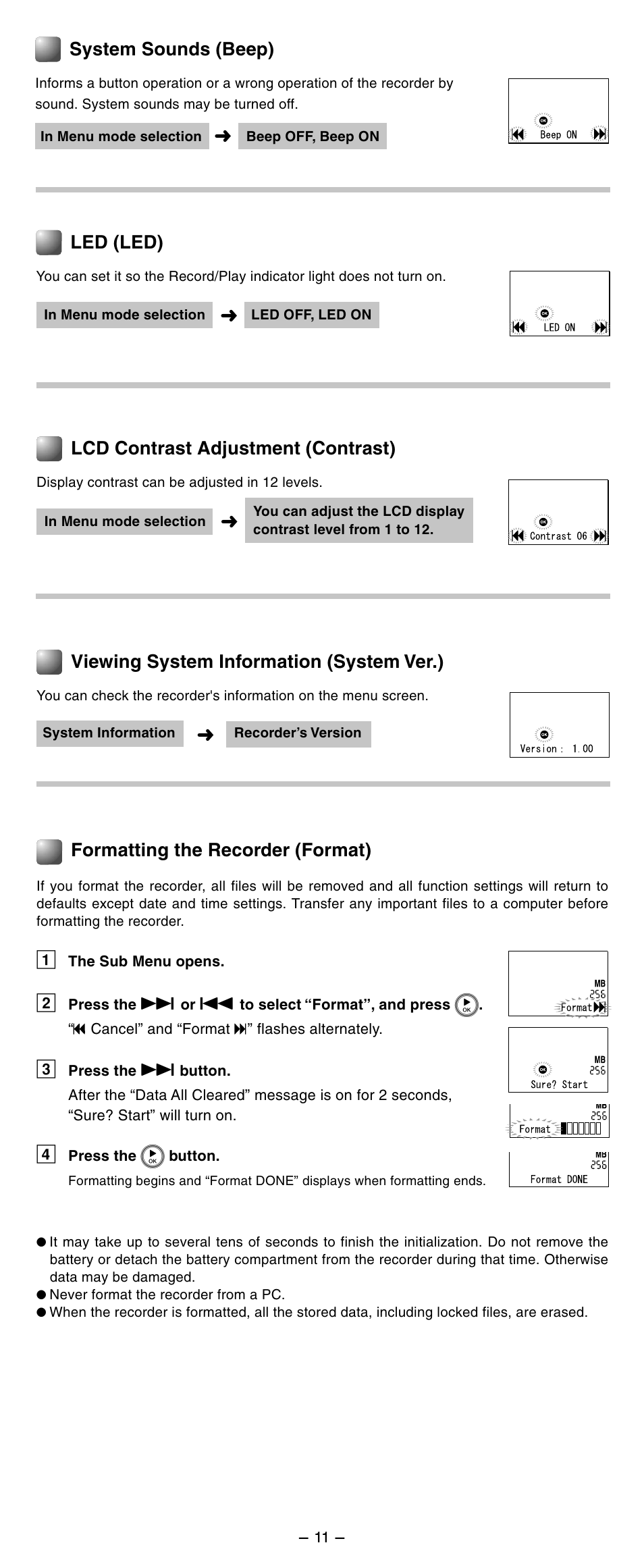 System sounds (beep), Viewing system information (system ver.), Formatting the recorder (format) | Led (led), Lcd contrast adjustment (contrast) | Olympus WS-210S User Manual | Page 11 / 14