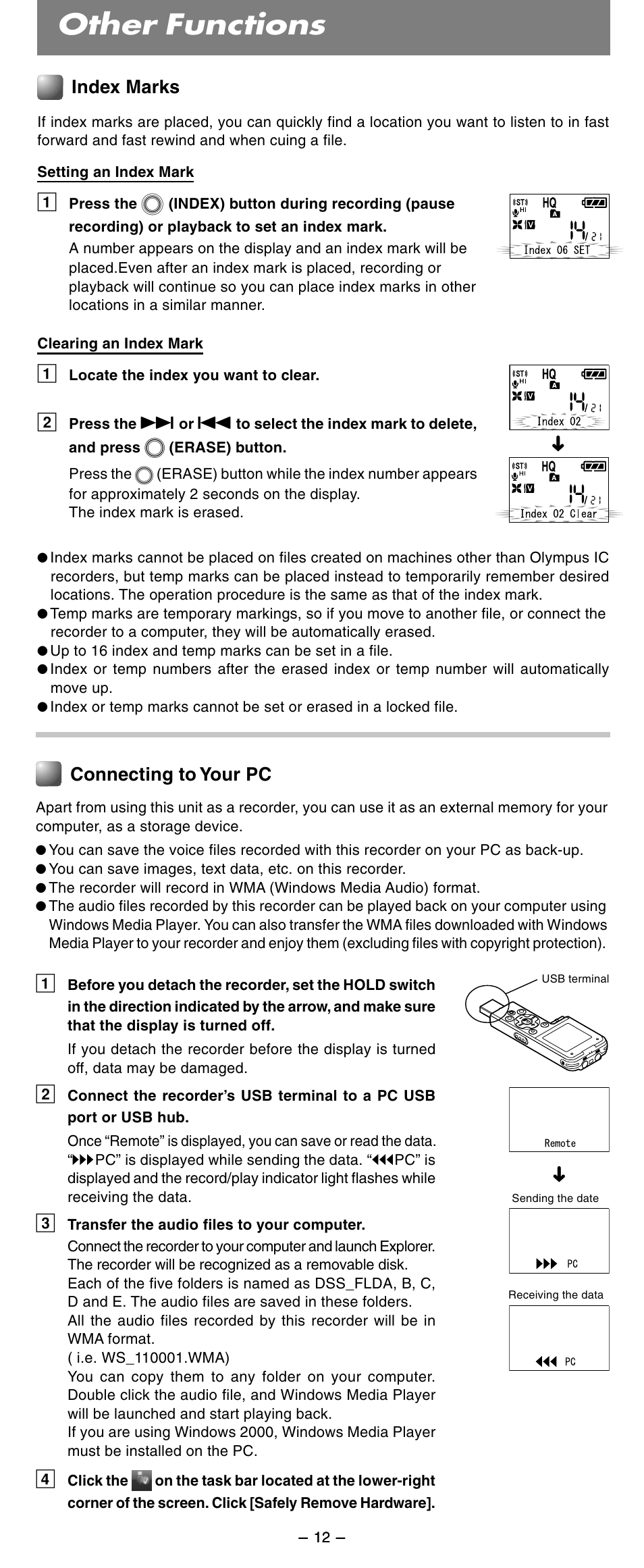Other functions, Index marks, Connecting to your pc | Olympus WS-210S User Manual | Page 12 / 14
