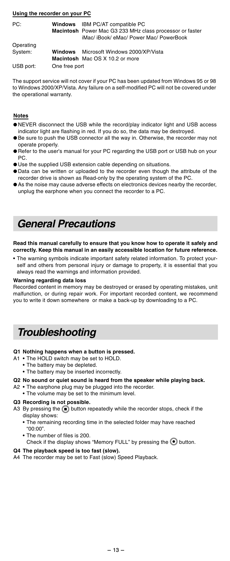 General precautions, Troubleshooting | Olympus WS-210S User Manual | Page 13 / 14