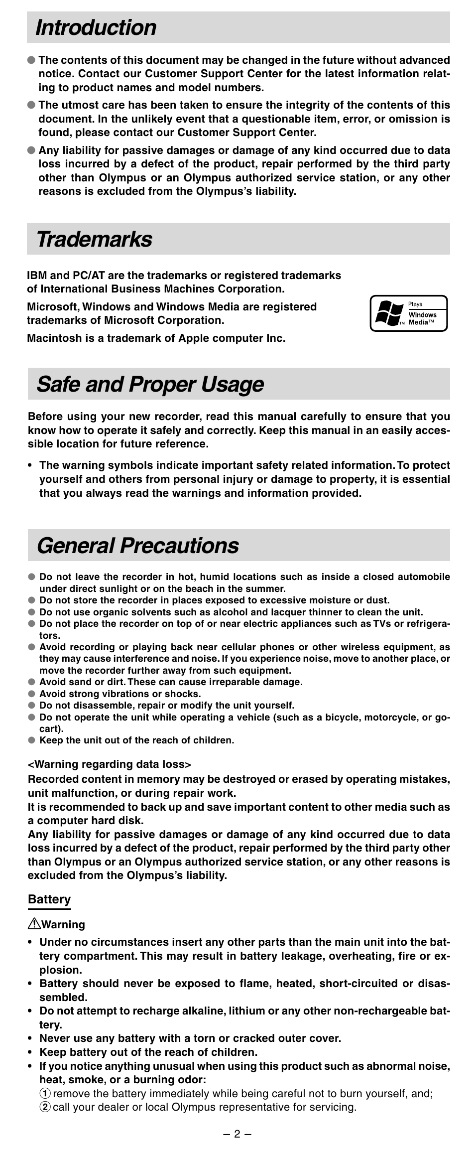 General precautions, Introduction, Trademarks | Safe and proper usage | Olympus WS-210S User Manual | Page 2 / 14
