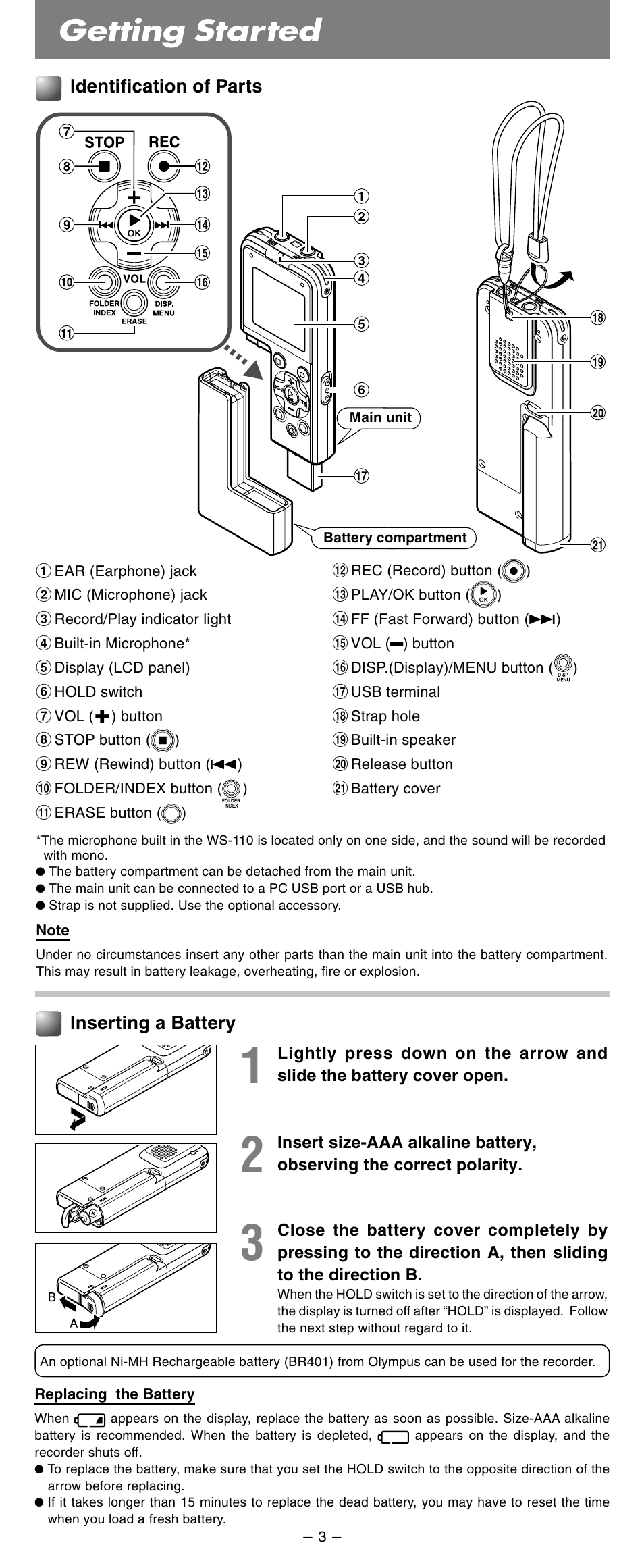 Getting started | Olympus WS-210S User Manual | Page 3 / 14