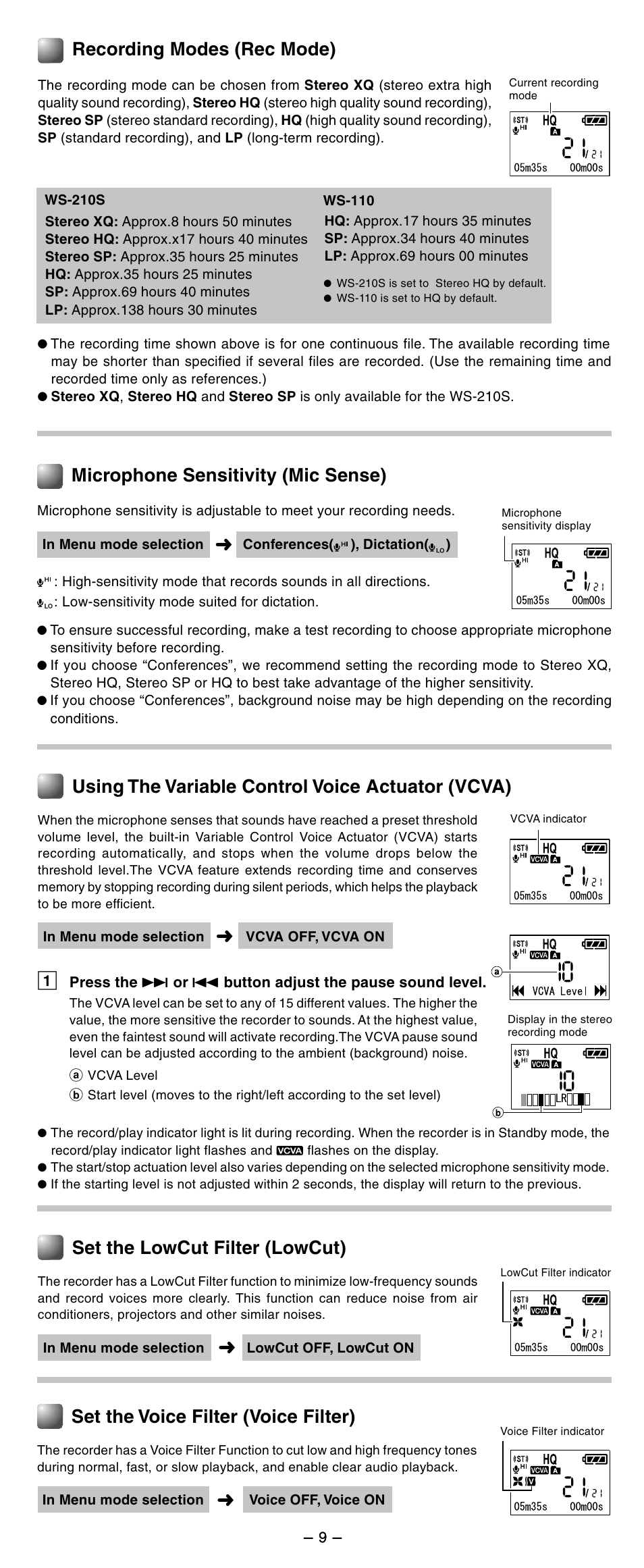Recording modes (rec mode), Microphone sensitivity (mic sense), Using the variable control voice actuator (vcva) | Set the lowcut filter (lowcut), Set the voice filter (voice filter) | Olympus WS-210S User Manual | Page 9 / 14