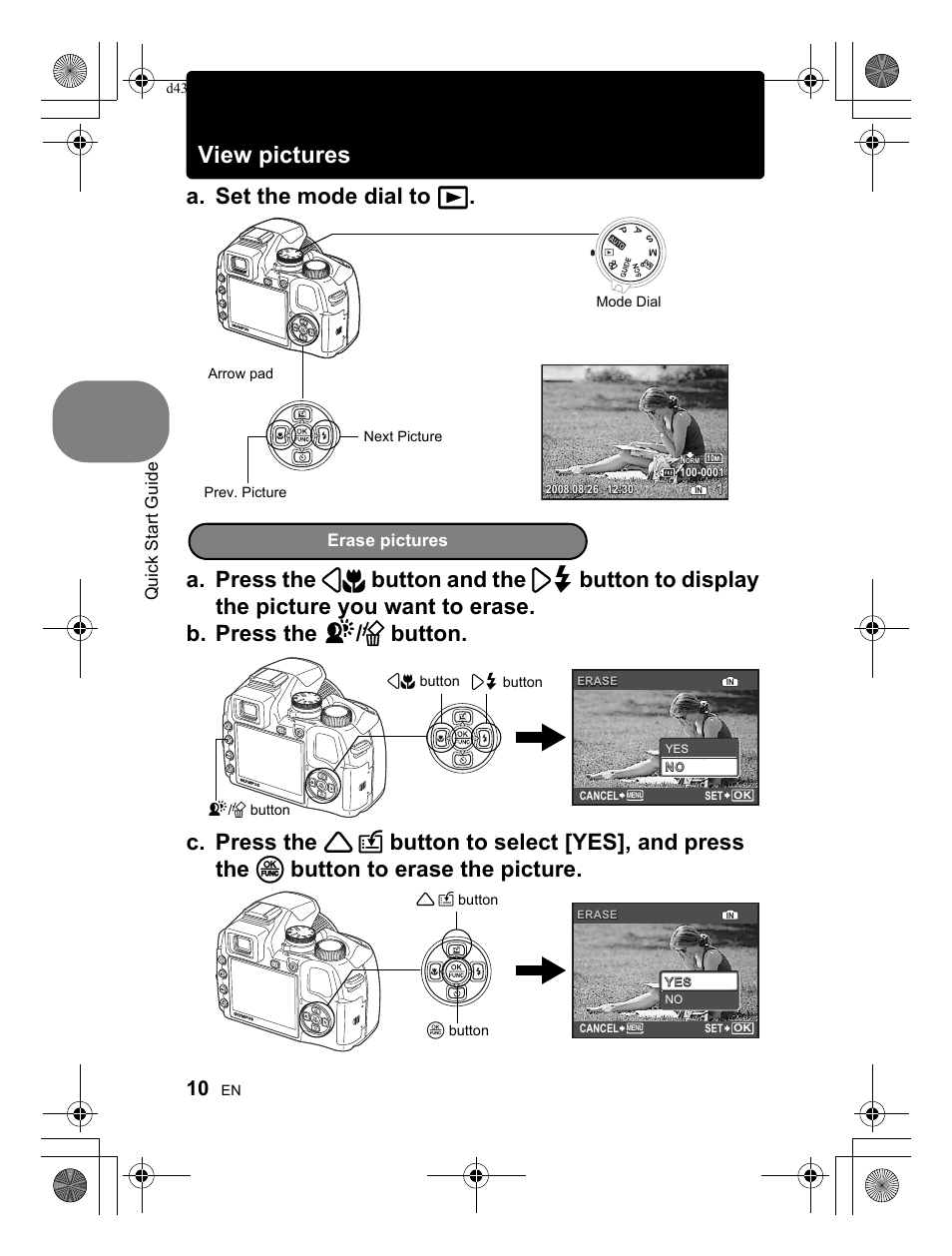 View pictures, Quick start guide, Erase pictures | Olympus SP-570 UZ User Manual | Page 10 / 100