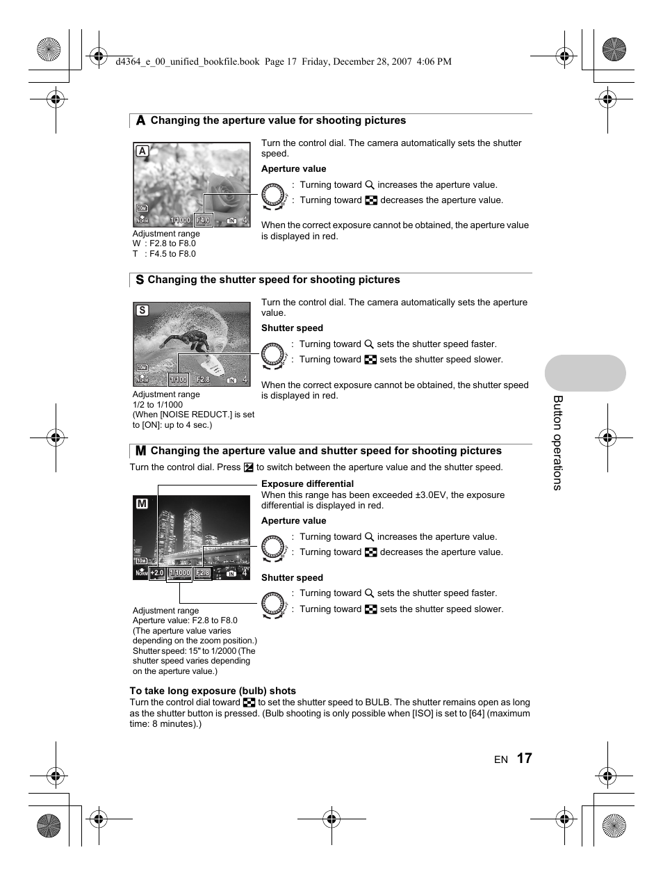 Button operati o ns, S changing the shutter speed for shooting pictures | Olympus SP-570 UZ User Manual | Page 17 / 100