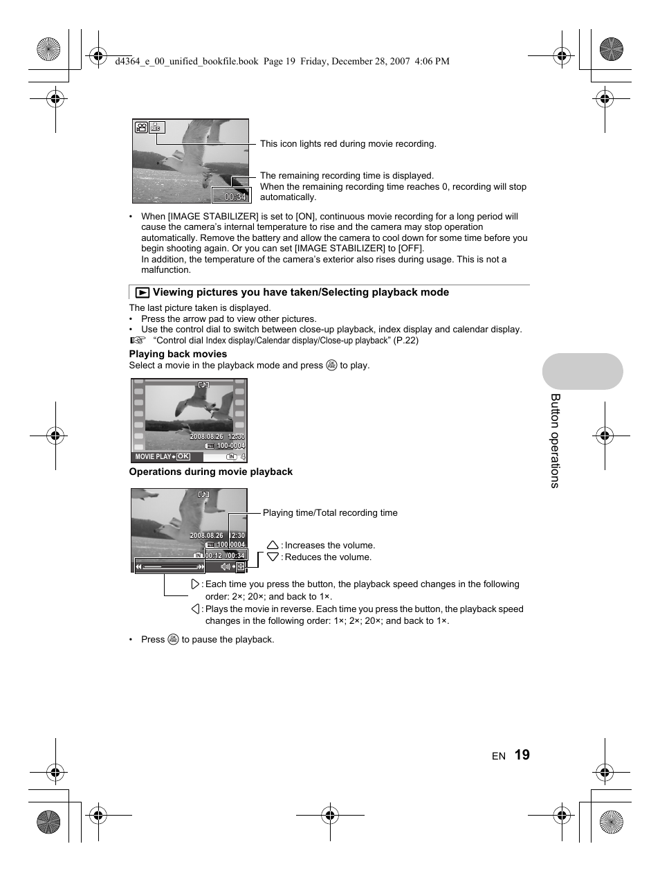 Button operati o ns | Olympus SP-570 UZ User Manual | Page 19 / 100